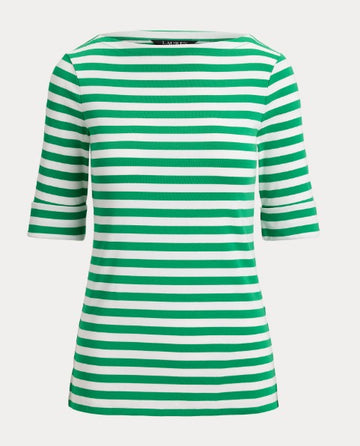 T-SHIRT IN COTONE ELASTICIZZATO A RIGHE CON SCOLLO A BARCA