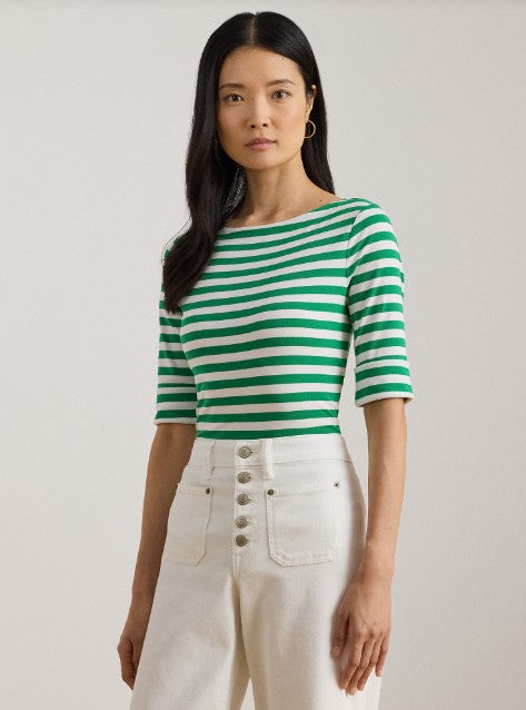 T-SHIRT IN COTONE ELASTICIZZATO A RIGHE CON SCOLLO A BARCA