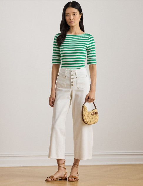 T-SHIRT IN COTONE ELASTICIZZATO A RIGHE CON SCOLLO A BARCA