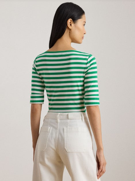 T-SHIRT IN COTONE ELASTICIZZATO A RIGHE CON SCOLLO A BARCA
