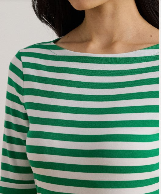 T-SHIRT IN COTONE ELASTICIZZATO A RIGHE CON SCOLLO A BARCA