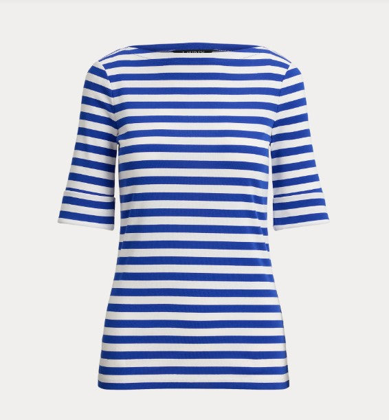 T-SHIRT IN COTONE ELASTICIZZATO A RIGHE CON SCOLLO A BARCA