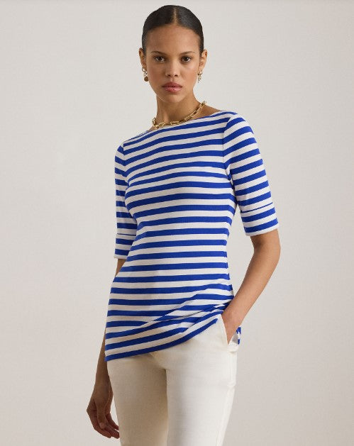 T-SHIRT IN COTONE ELASTICIZZATO A RIGHE CON SCOLLO A BARCA