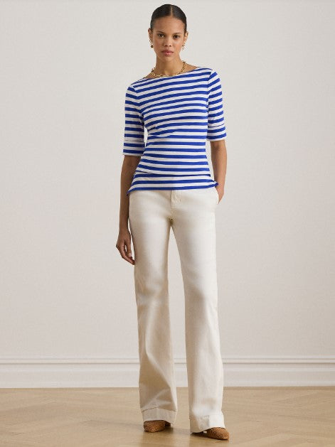 T-SHIRT IN COTONE ELASTICIZZATO A RIGHE CON SCOLLO A BARCA
