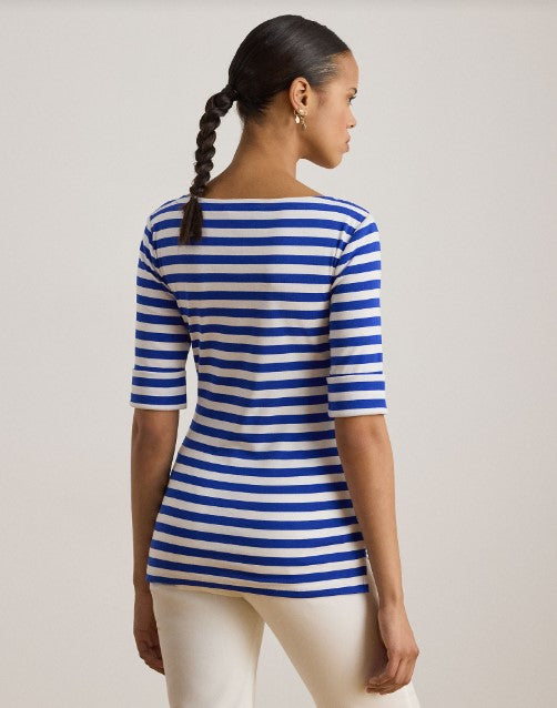 T-SHIRT IN COTONE ELASTICIZZATO A RIGHE CON SCOLLO A BARCA