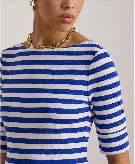 T-SHIRT IN COTONE ELASTICIZZATO A RIGHE CON SCOLLO A BARCA