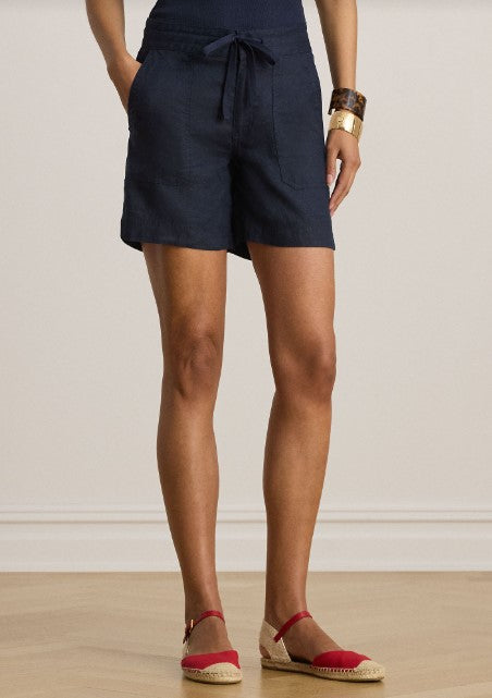 pantaloni corti in lino con coulisse a gamba larga