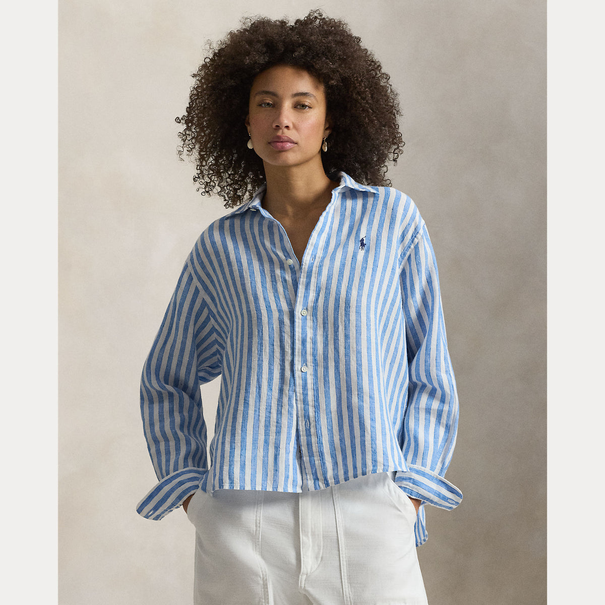 CAMICIA IN LINO A RIGHE LARGA E CORTA