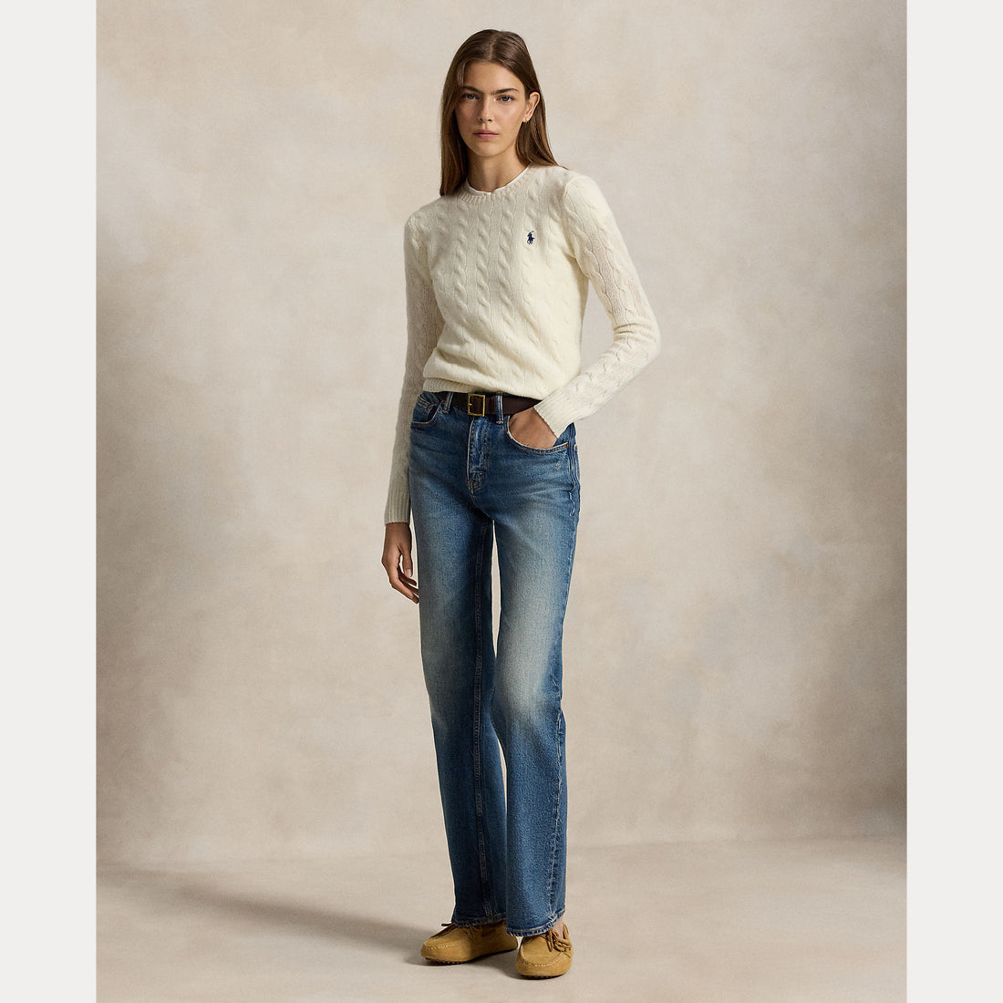 Maglione girocollo in lana e cashmere a trecce