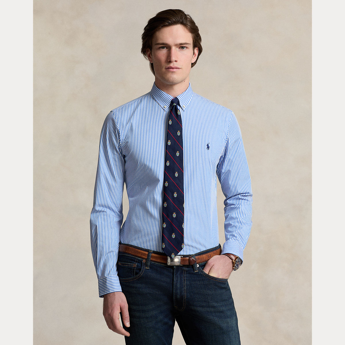 Camicia slim fit a righe in popeline elasticizzato