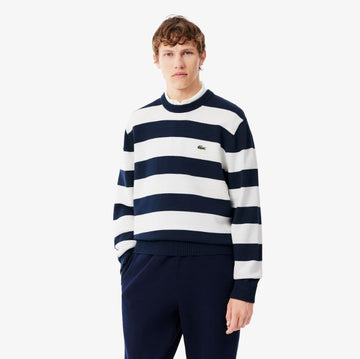Maglia Lacoste girocollo in cotone a righe bianche e blu
