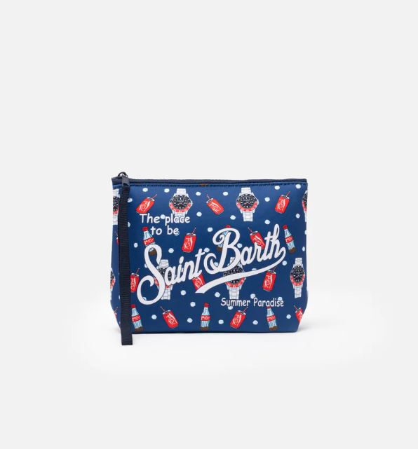 Pochette Aline in scuba con stampa orologi e cola