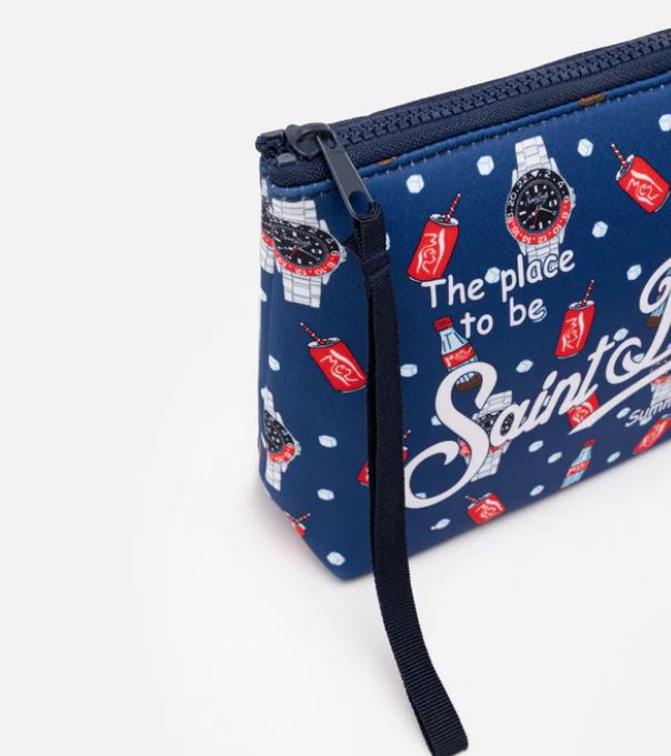 Pochette Aline in scuba con stampa orologi e cola
