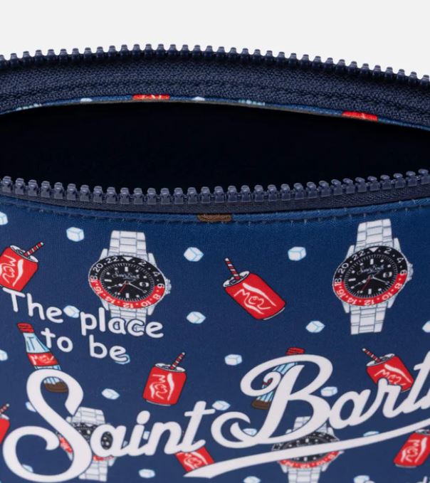 Pochette Aline in scuba con stampa orologi e cola