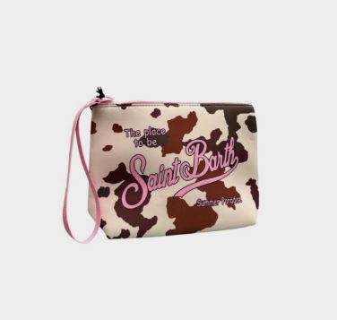 Pochette Aline bianca in neoprene con stampa grafica orologio e scritta Time Is Money