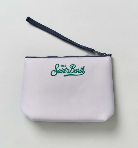 Pochette Aline bianca in neoprene con stampa grafica orologio e scritta Time Is Money