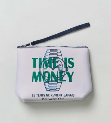 Pochette Aline bianca in neoprene con stampa grafica orologio e scritta Time Is Money
