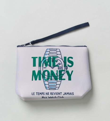 Pochette Aline bianca in neoprene con stampa grafica orologio e scritta Time Is Money