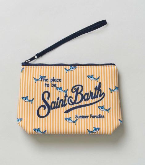 Pochette Aline bianca in neoprene con stampa grafica orologio e scritta Time Is Money