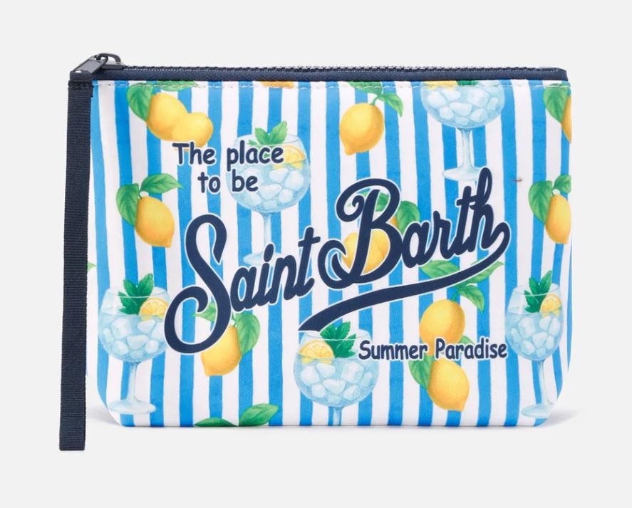 Pochette Aline bianca in neoprene con stampa grafica orologio e scritta Time Is Money