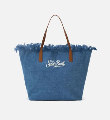 Borsa City regular in tessuto denim con frange