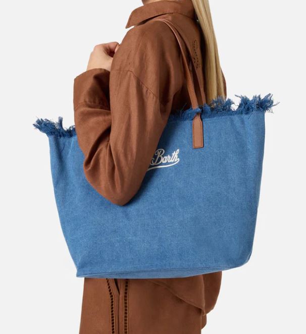 Borsa City regular in tessuto denim con frange