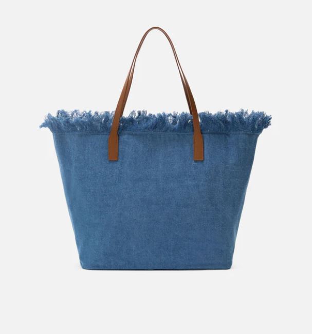 Borsa City regular in tessuto denim con frange