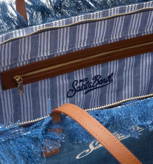 Borsa City regular in tessuto denim con frange