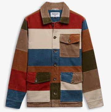 Giacca unisex in velluto a coste beige e marrone con patchwork e estetica vintage