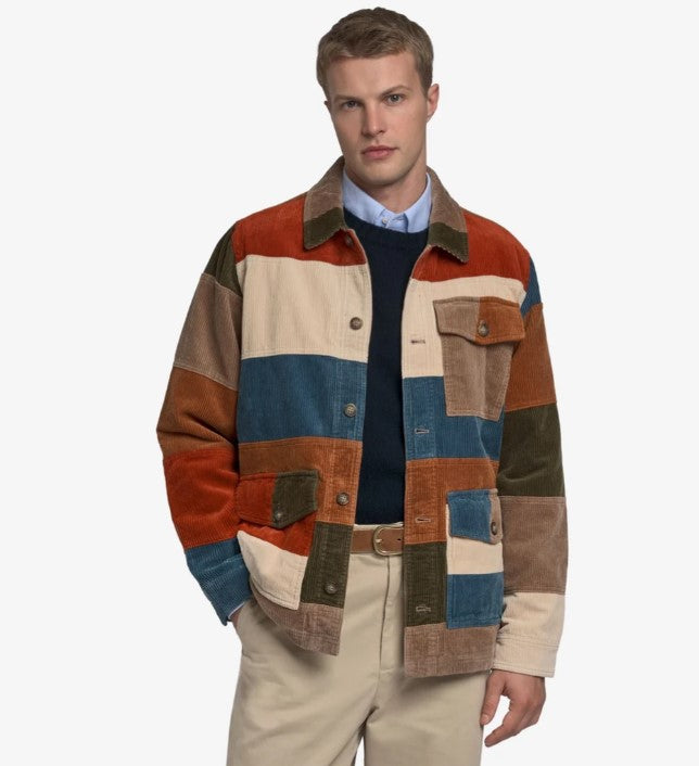 Giacca unisex in velluto a coste beige e marrone con patchwork e estetica vintage