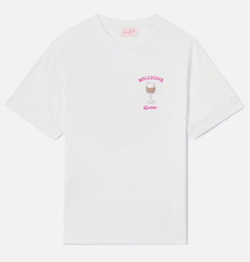 T-shirt Emilie bianca con ricamo Bollicine Queen e strass