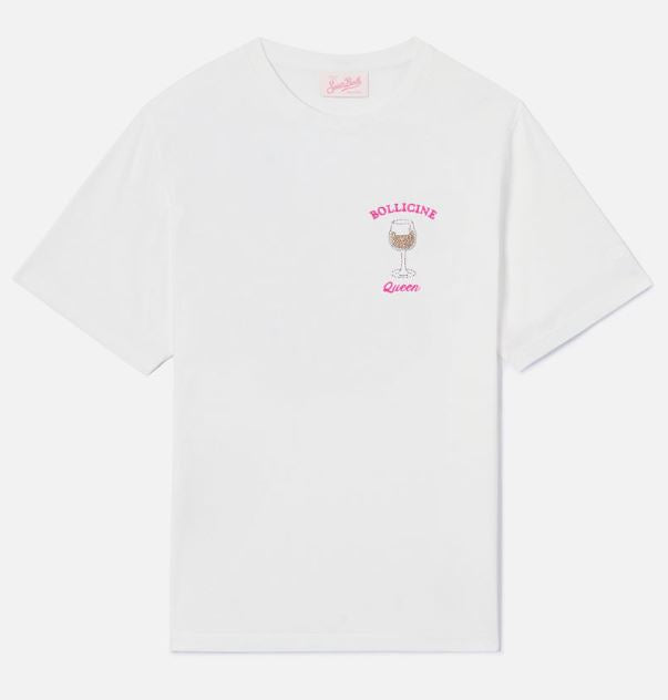 T-shirt Emilie bianca con ricamo Bollicine Queen e strass