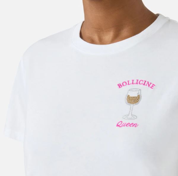 T-shirt Emilie bianca con ricamo Bollicine Queen e strass