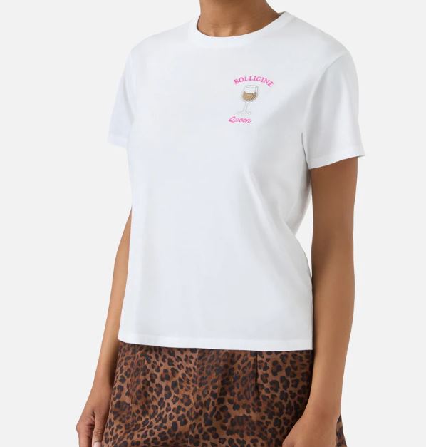 T-shirt Emilie bianca con ricamo Bollicine Queen e strass