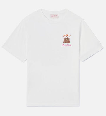 T-shirt Emilie bianca con ricamo + Borse che occhiaie e strass