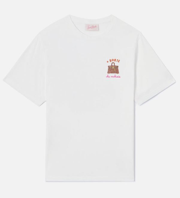 T-shirt Emilie bianca con ricamo + Borse che occhiaie e strass