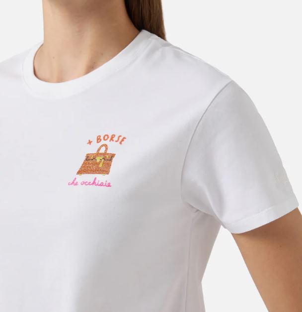 T-shirt Emilie bianca con ricamo + Borse che occhiaie e strass
