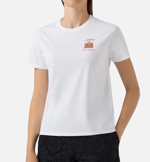 T-shirt Emilie bianca con ricamo + Borse che occhiaie e strass
