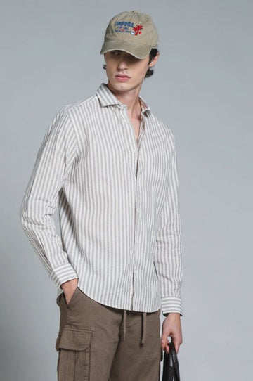 Camicia Riley misto lino righe beige
