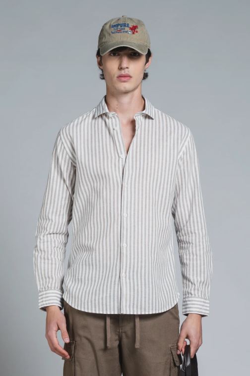 Camicia Riley misto lino righe beige