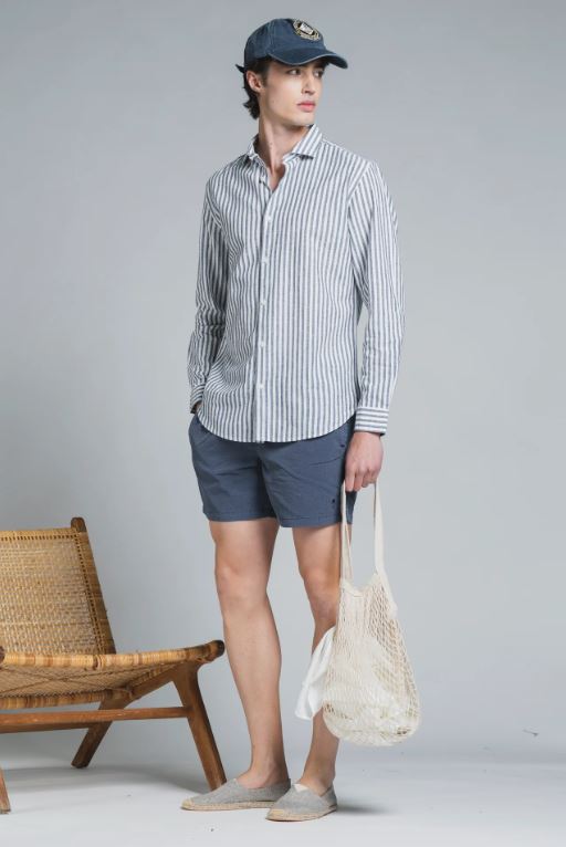 Camicia Riley righe azzurre misto lino