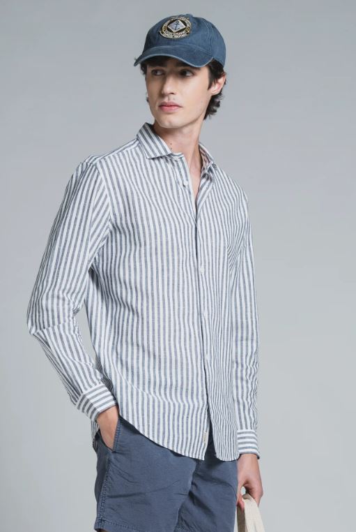 Camicia Riley righe azzurre misto lino