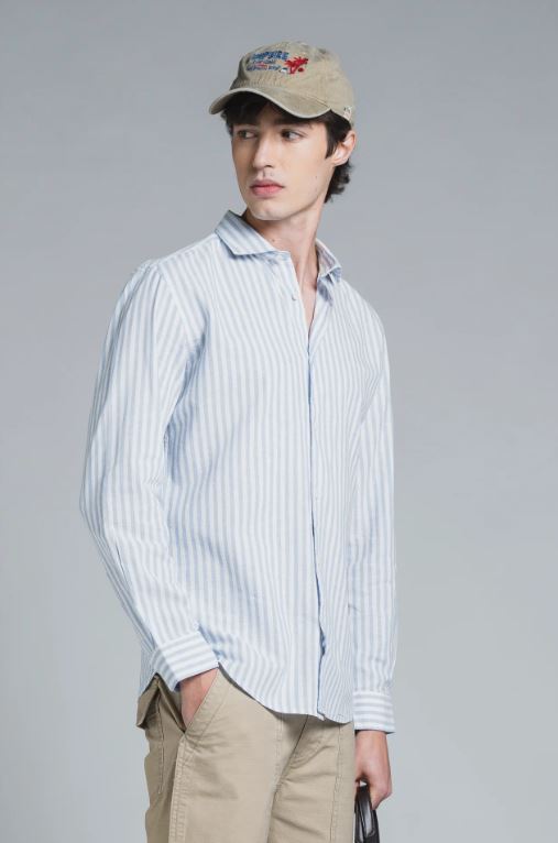 Camicia Riley righe azzurre misto lino