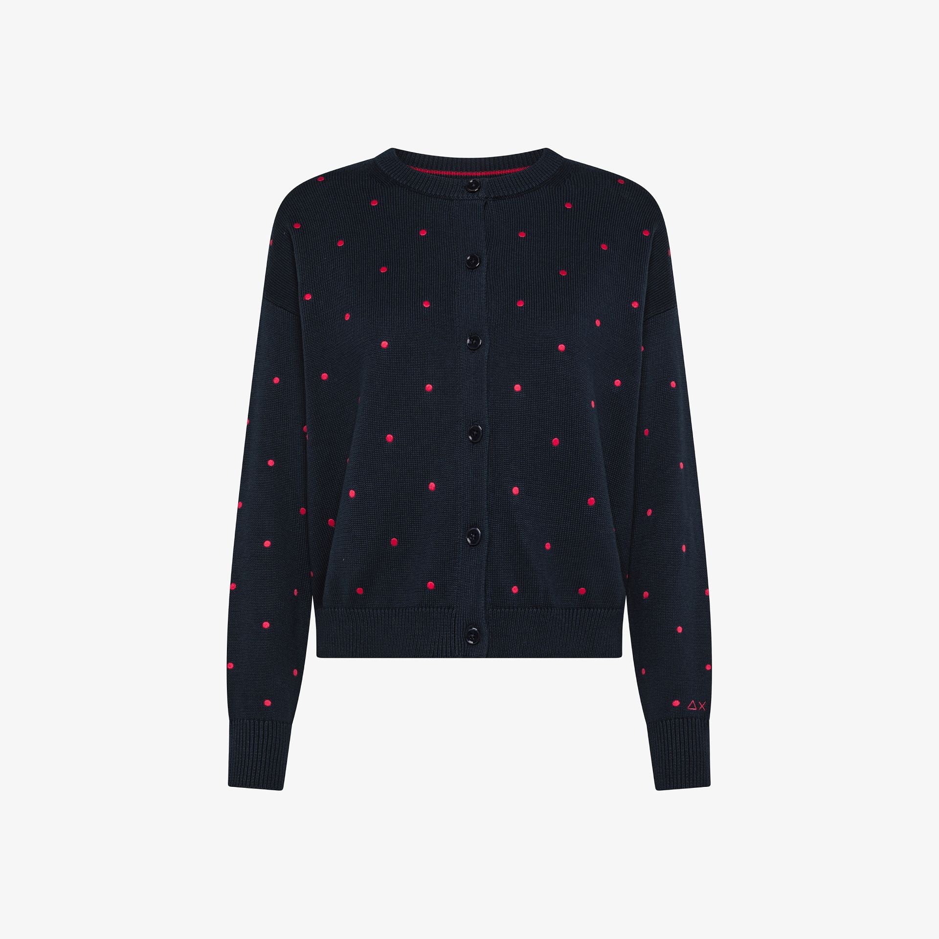 Cardigan in maglia di cotone a pois blu navy/rosso