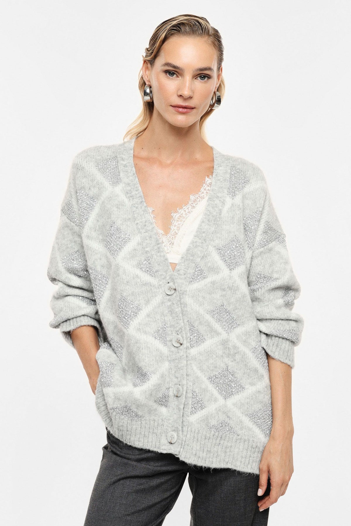 Cardigan con bottoni motivo geometrico v