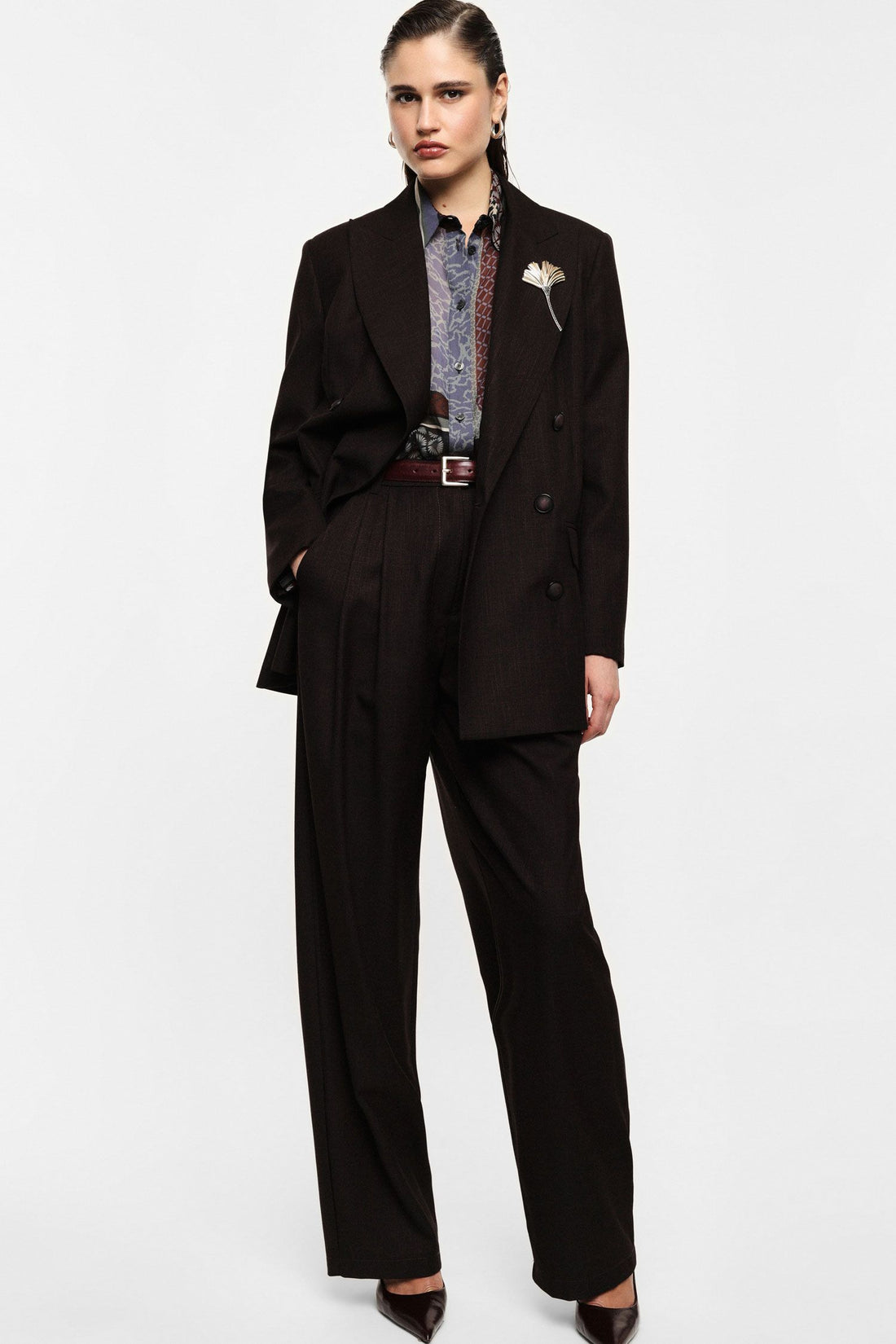 Pantaloni palazzo a vita alta con motivo micro-check