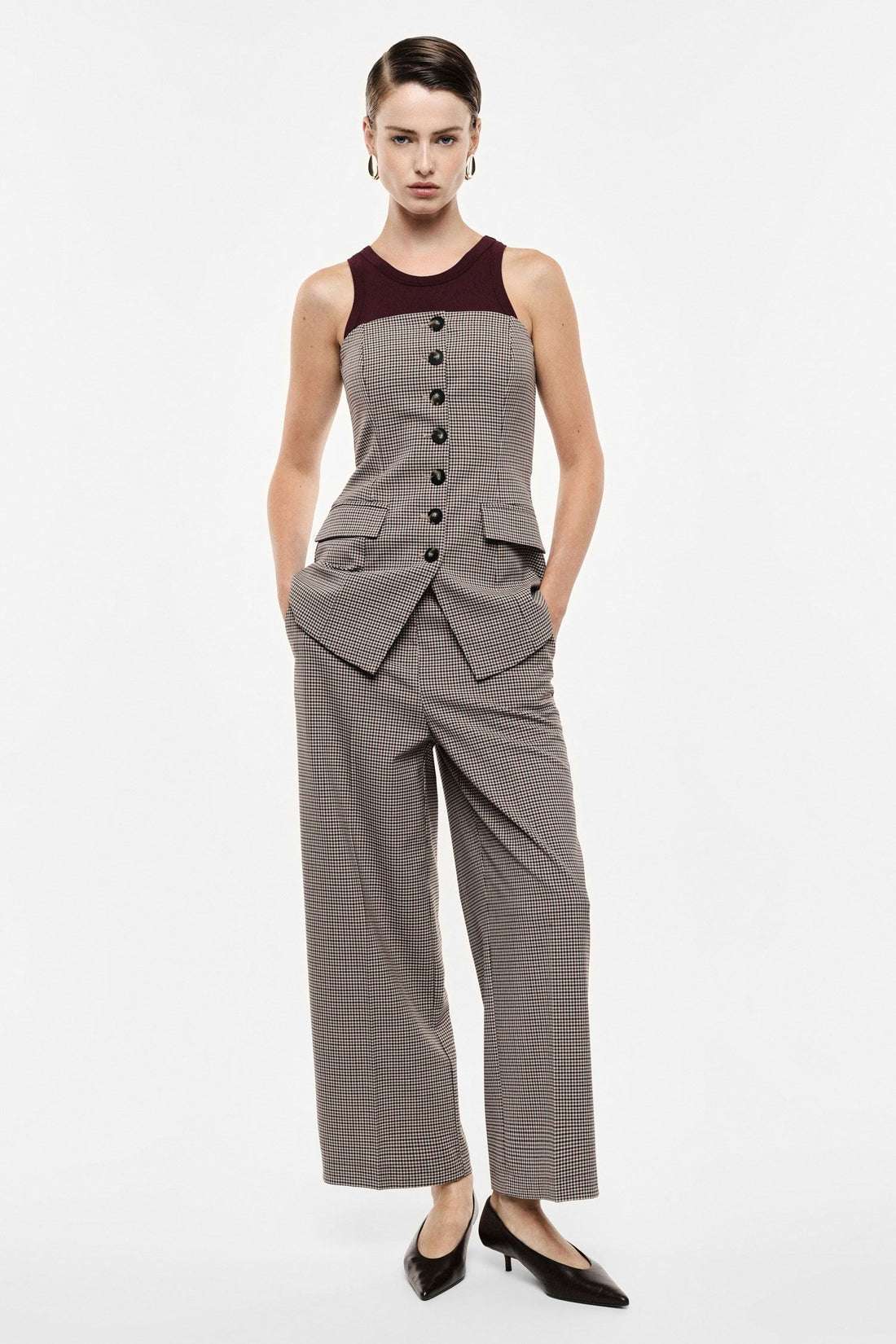 Pantaloni palazzo ampi fantasia micro-check