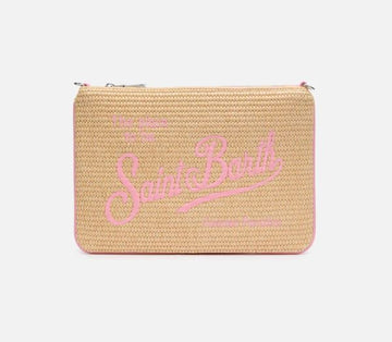 Pochette Parisienne effetto paglia con dettagli rosa