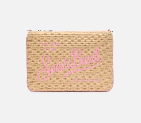 Pochette Parisienne effetto paglia con dettagli rosa