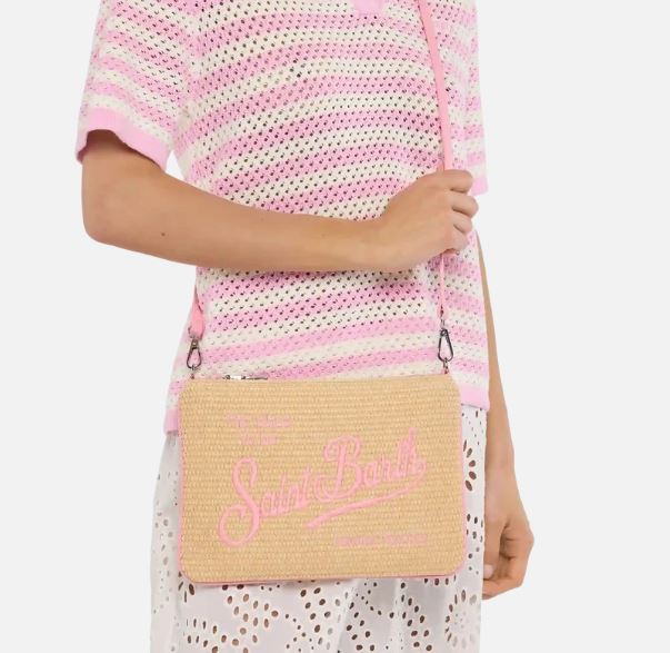 Pochette Parisienne effetto paglia con dettagli rosa